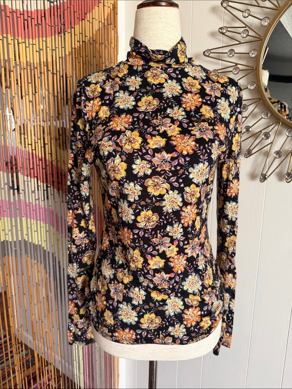 Aqua Black Floral Mock Neck Long Sleeve Top
